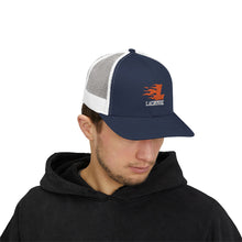 Load image into Gallery viewer, Lacrosse Flame Logo Trucker Hat — Embroidered Snapback Cap for Players &amp; Fans