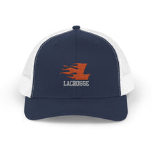 Load image into Gallery viewer, Lacrosse Flame Logo Trucker Hat — Embroidered Snapback Cap for Players &amp; Fans