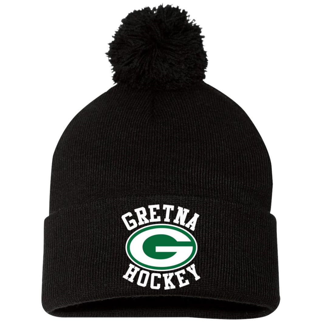 Embroidered Pom Pom Knit Cap
